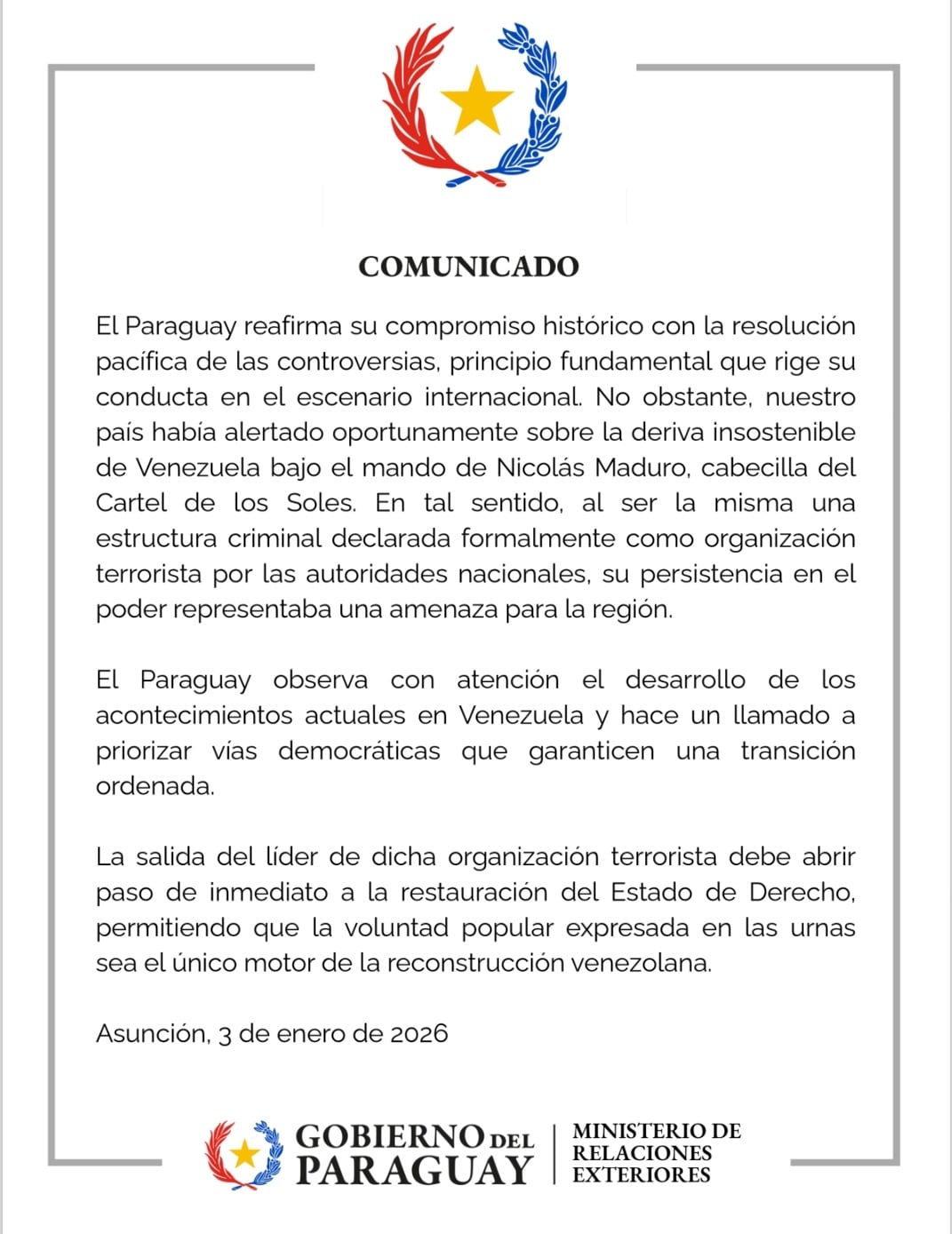 Paraguay sobre la captura de Maduro