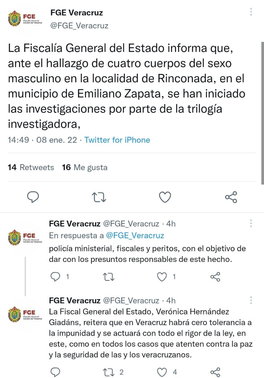 Información de la Fiscalía de Veracruz sobre Rinconada