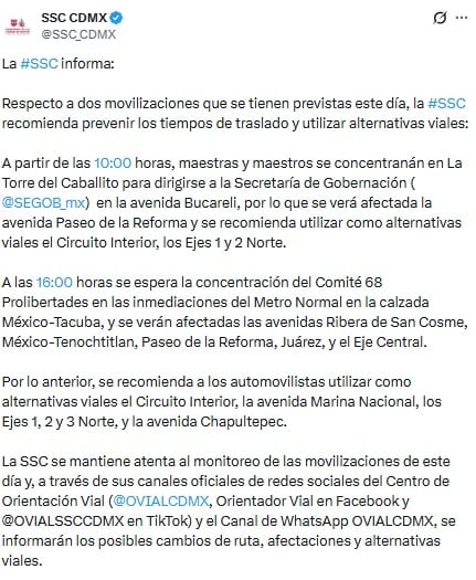 SSC informa de las movilizaciones de la CNTE y el Comité 68 en la CDMX.