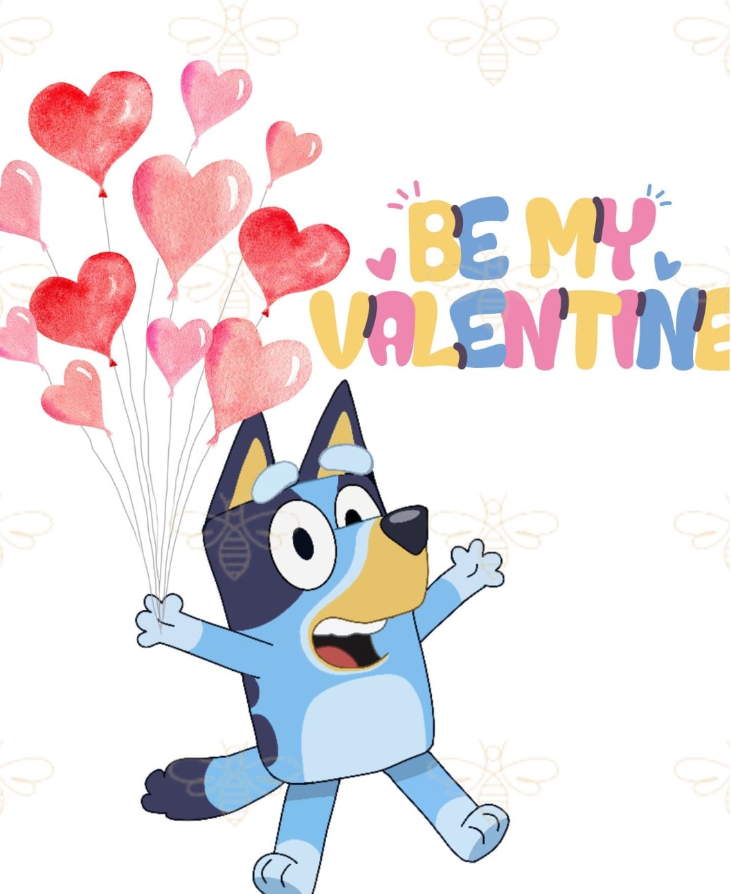 Bluey con globos en las cartas para San Valentín