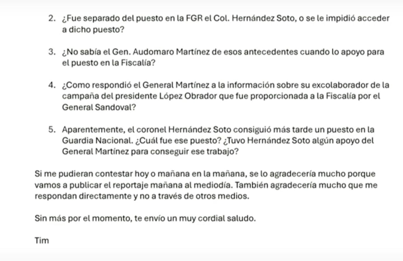 Carta de Tim Golden a Jesús Ramírez Cuevas