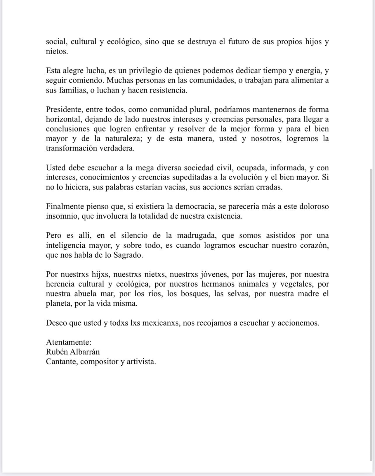 Carta abierta de Rubén Albarrán a AMLO por cancelación del diálogo del Tren Maya