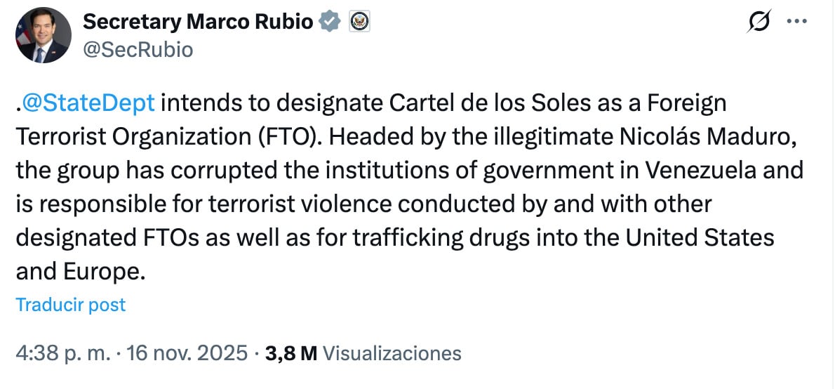 Secretario de Estado, Marco Rubio, revela que el Cártel de los Soles será declarado Organización Terrorista