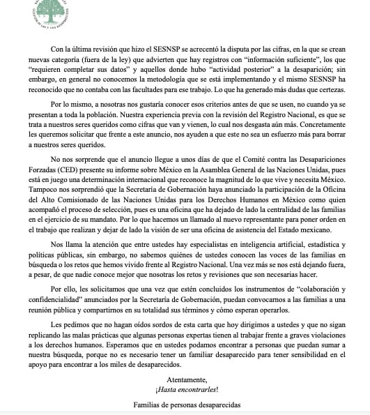 Familias de desaparecidos rechazan revisión del registro nacional sin consulta previa