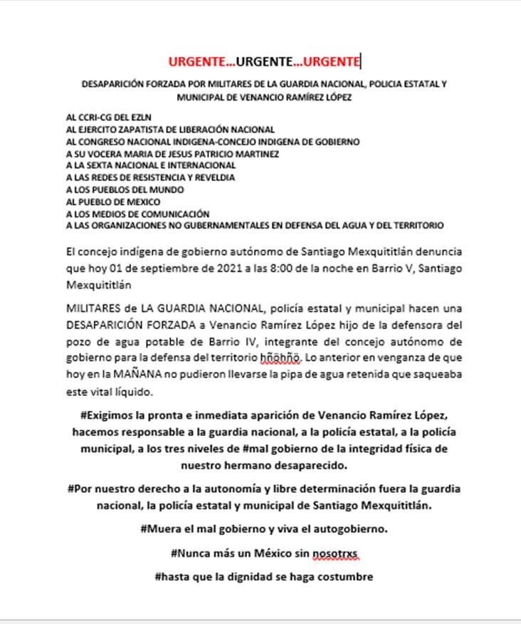 Alerta por detención de Venancio