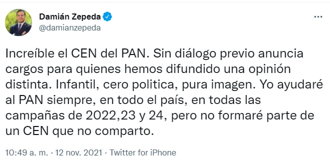Tuit de Damián Zepeda, dónde acusa la dirigencia de Marko Córtes del PAN de "infantil"/@damianzepeda