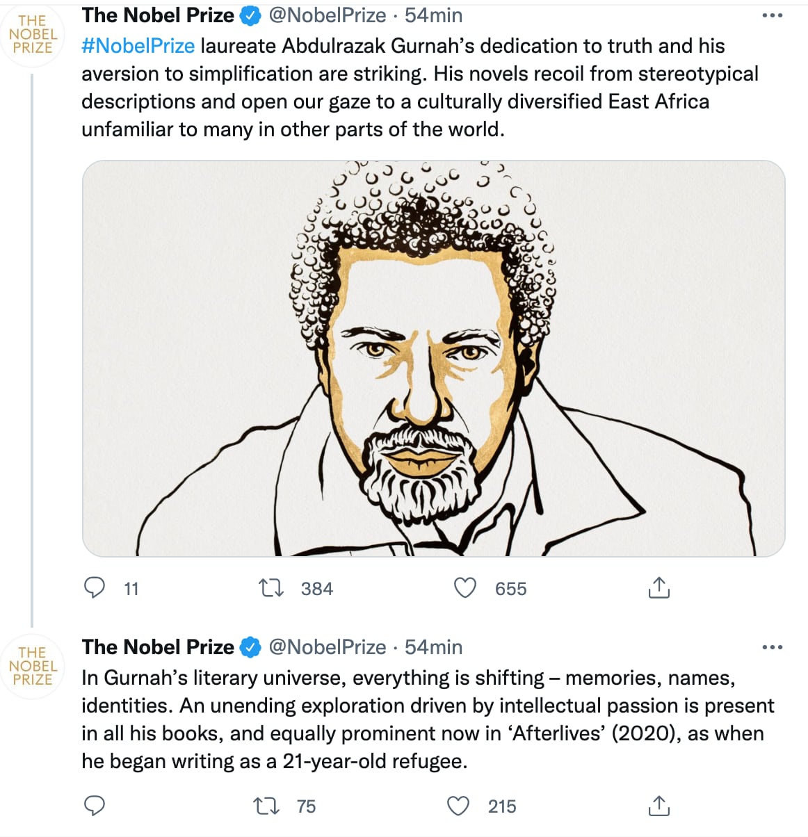 Abdulrazak Gurnah, ganador del Premio Nobel de Literatura 2021