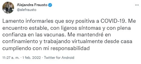 Tuit de Alejandra Frausto