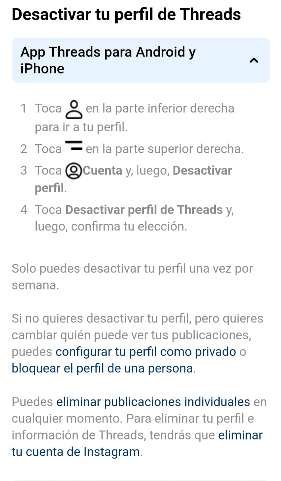 Threads no te permite eliminar tu cuenta definitivamente sin borrar tu Instagram
