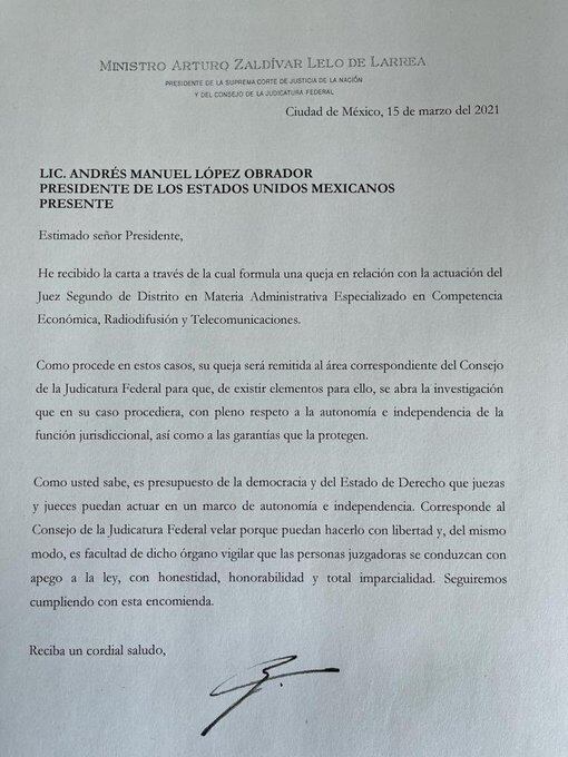 Carta de Arturo Zaldívar