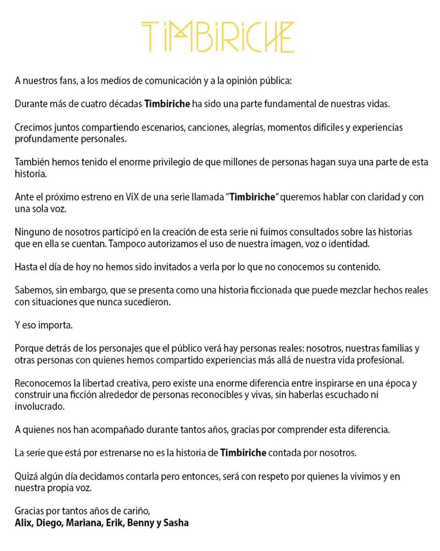 Timbiriche comparte comunicado sobre la serie de ViX