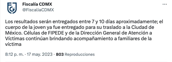FGJ-CDMX entregó el cuerpo de Lesly Martínez Colín a sus familiares