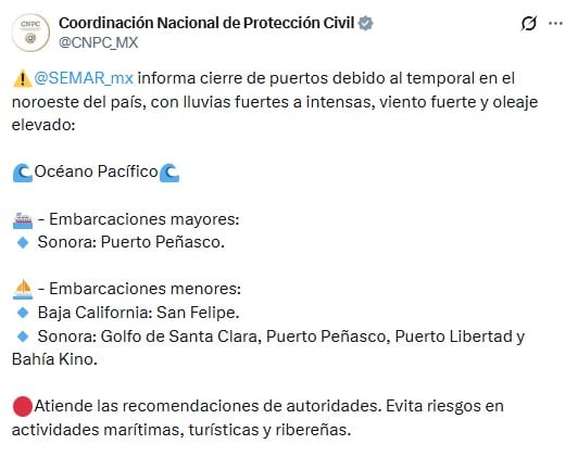 Cierran puertos en el noroeste de México por lluvias y oleaje elevado