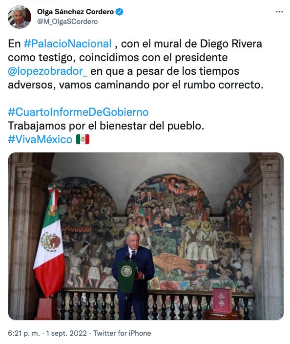 Olga Sánchez Cordero felicita a AMLO por su Cuarto Informe de Gobierno