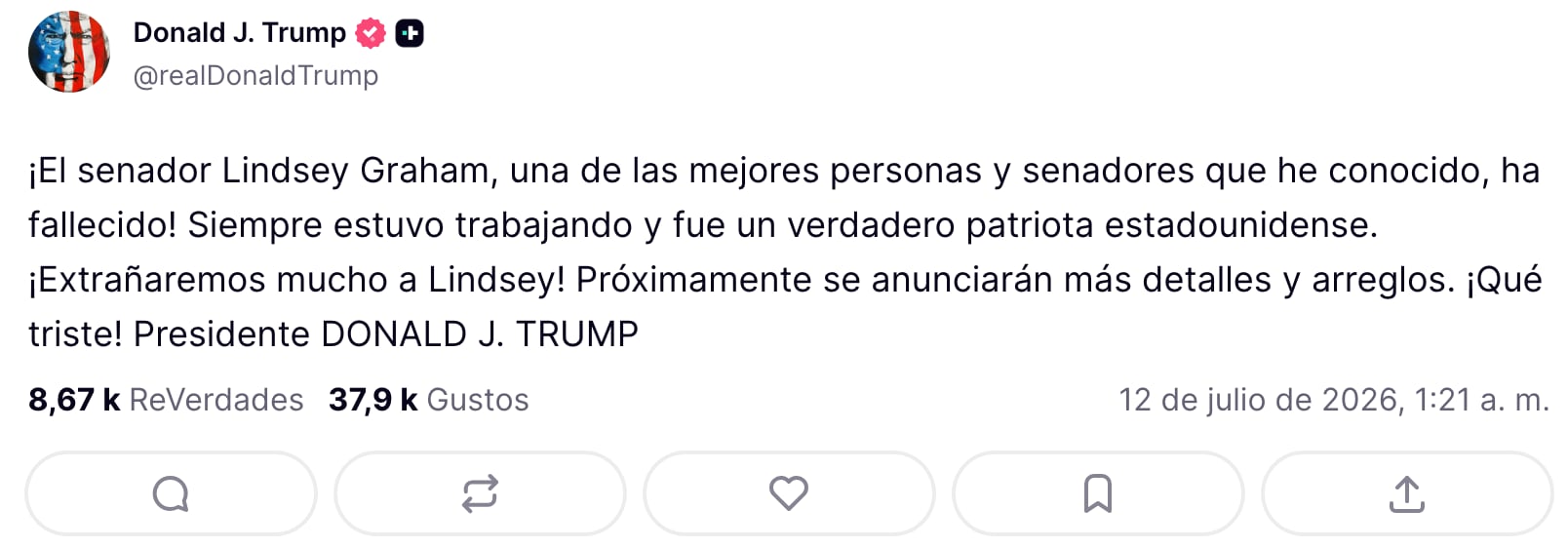 Donald Trump reacciona a la muerte de Lindsey Graham