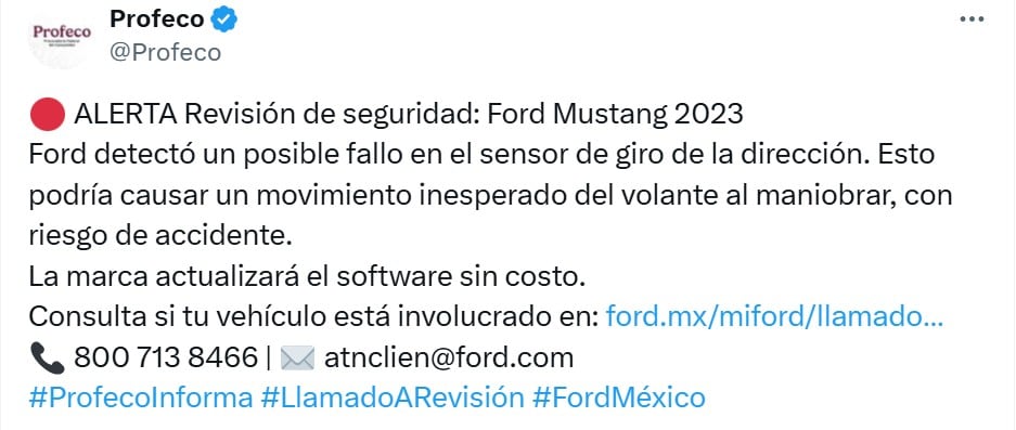 Profeco alerta por fallo en Ford Mustang 2023