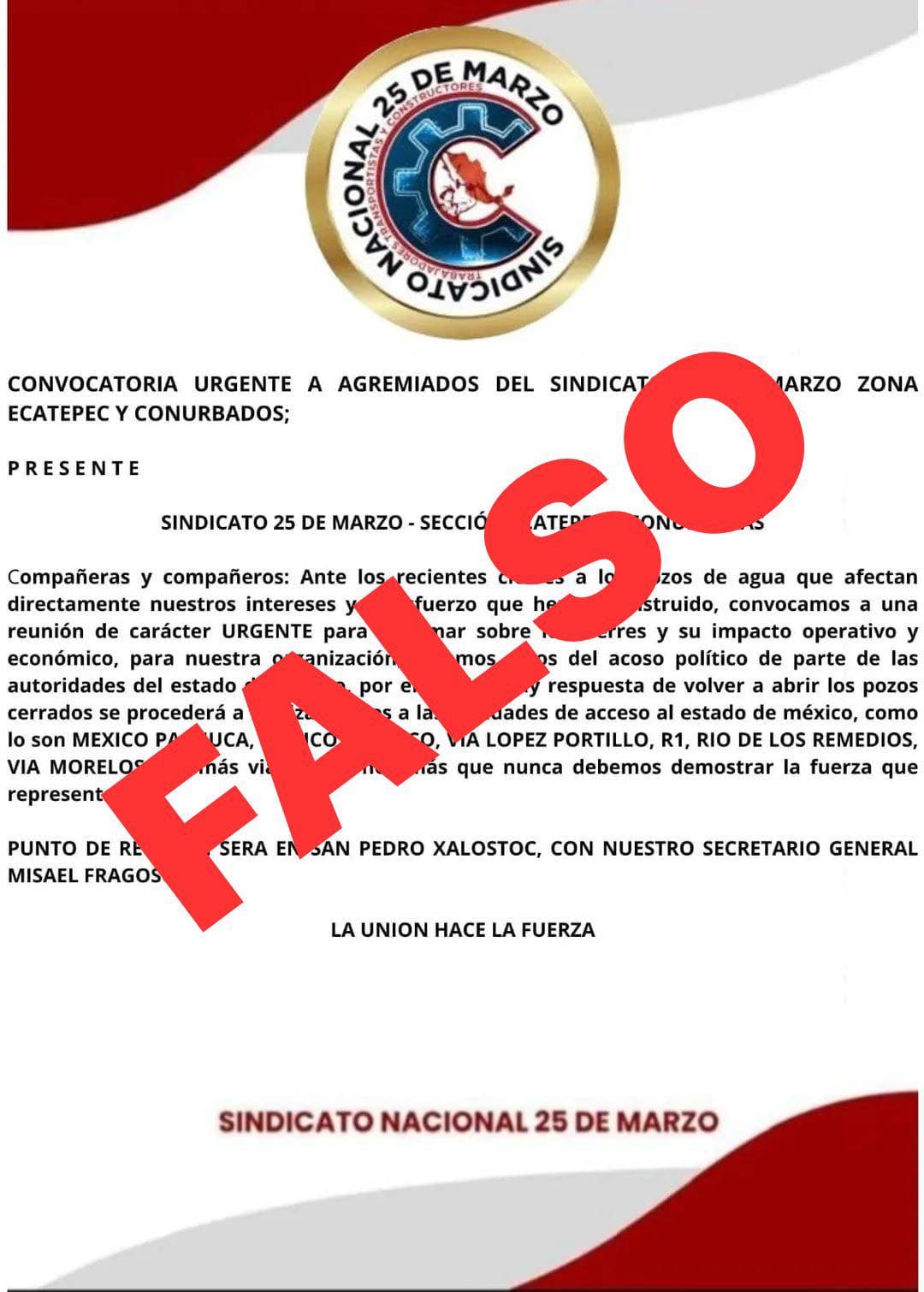 Comunicado falso del Sindicato Nacional 25 de Marzo