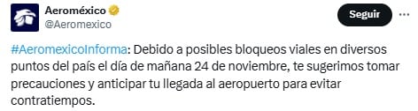 Aeroméxico pide a usuarios prever bloqueo del 24 de noviembre.