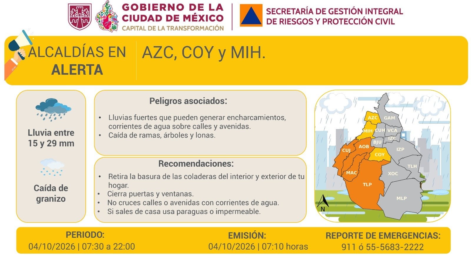 Activan alerta Amarilla por lluvias en CDMX