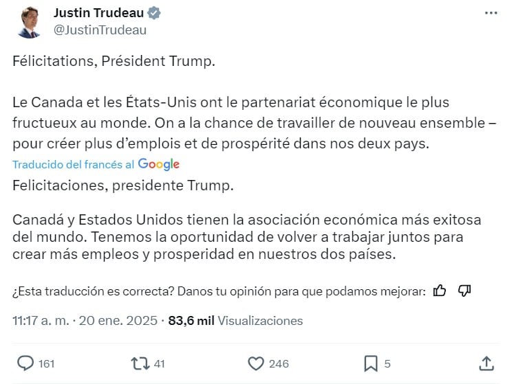 Justin Trudeau felicita a Donald Trump