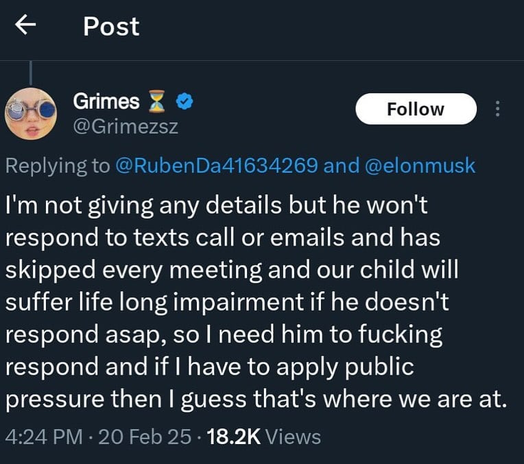 Grimes echa de cabeza a Elon Musk por no ayudarle en los gastos médicos de su hijo