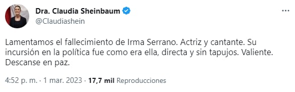 Claudia Sheinbaum: Irma Serrano incursionó en política de forma "directa, sin tapujos y valiente"
