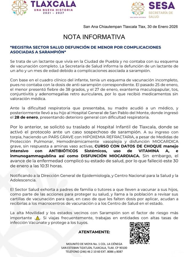 Sarampión causa la muerte de un niño en Tlaxcala