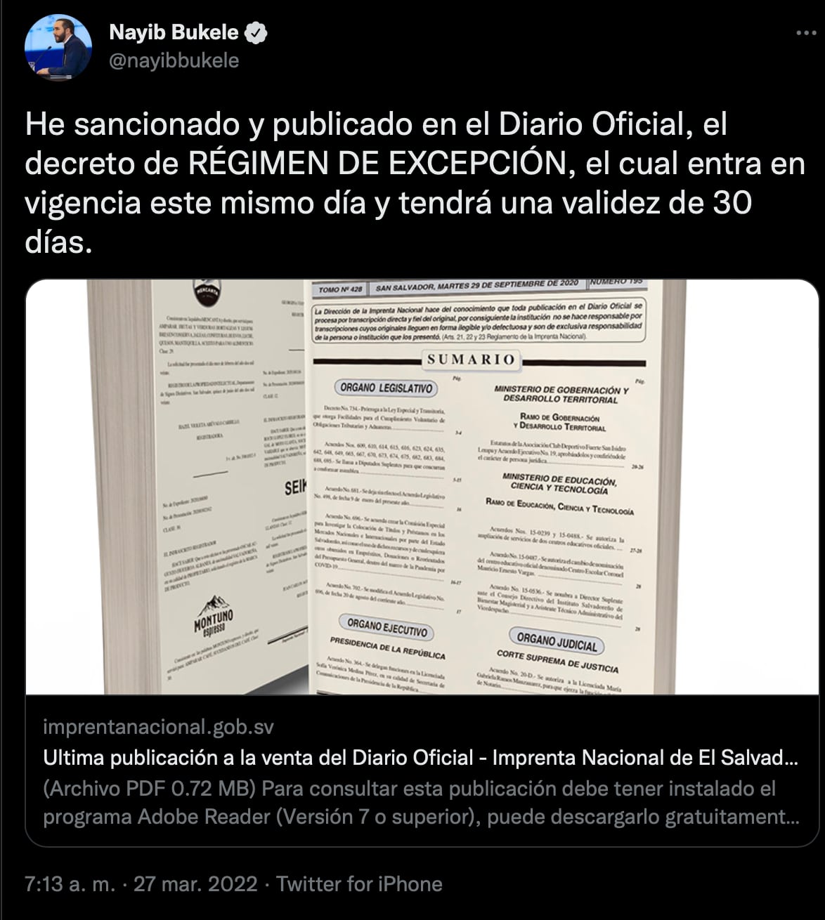 Nayib Bukele declara régimen de excepción en El Salvador