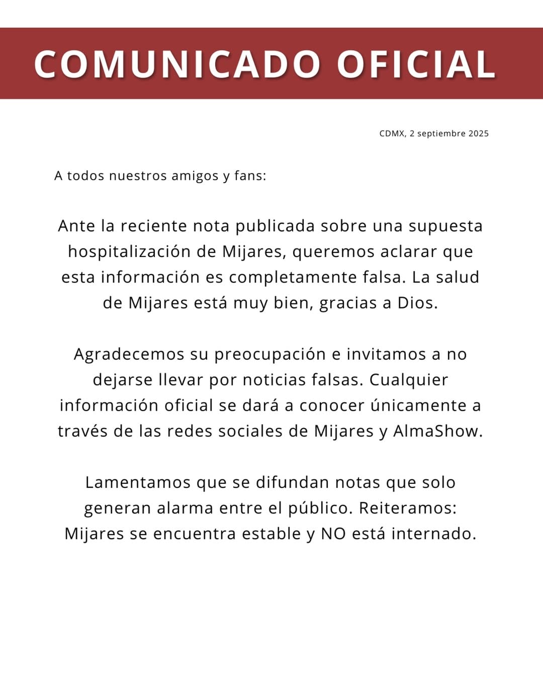 Manuel Mijares desmiente estar hospitalizado.