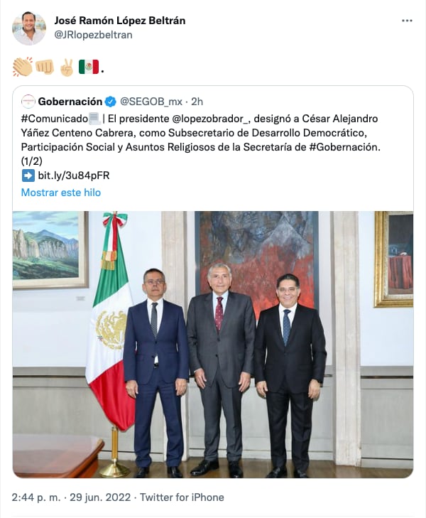 José Ramón, hijo de AMLO, también celebra nuevo puesto de la Segob de César Yáñez