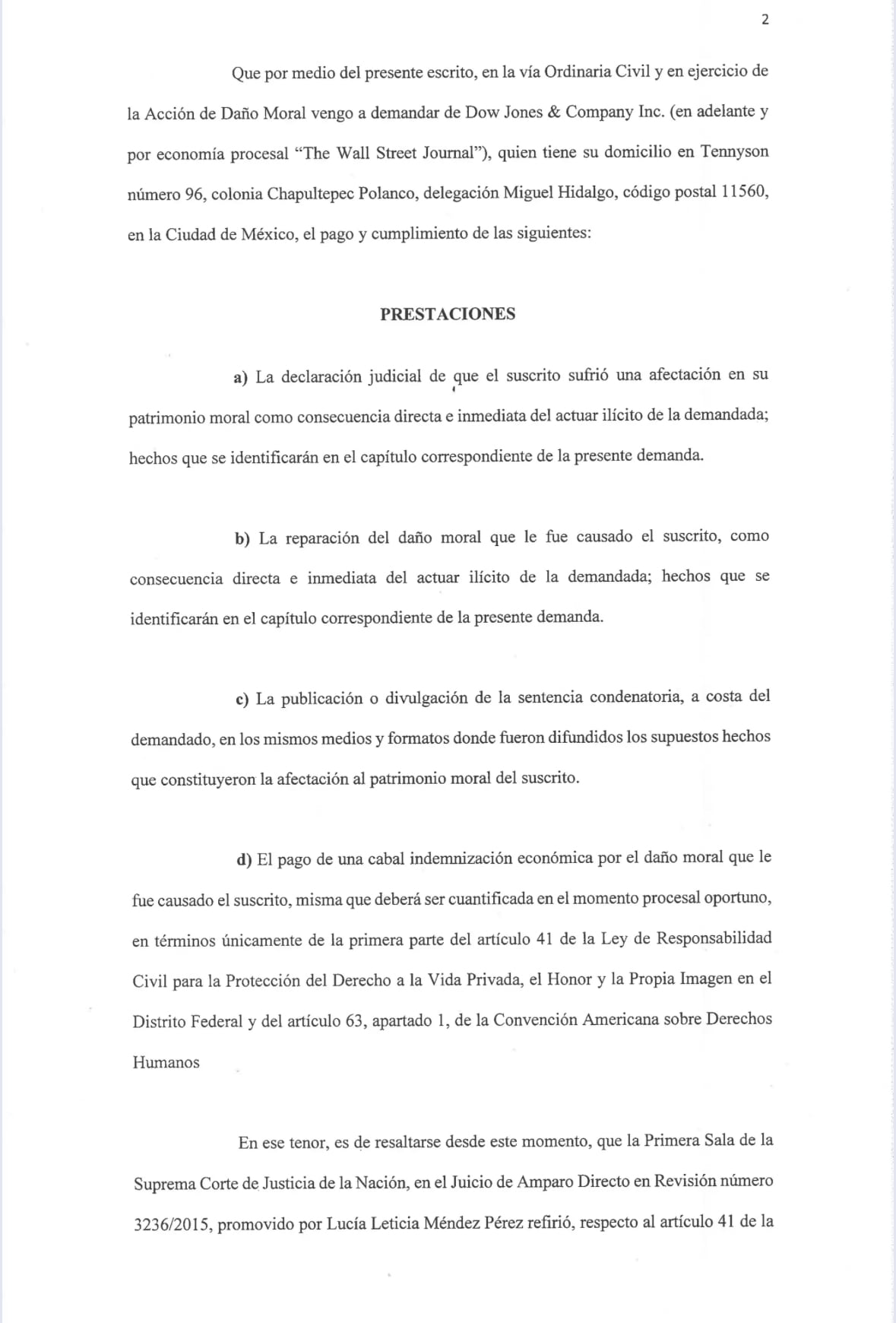 Demanda de AMLO contra diario extranjero en 2016