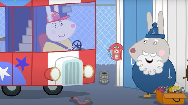 El abuelo Conejo repara el autobús de fiesta en el capítulo de Peppa Pig