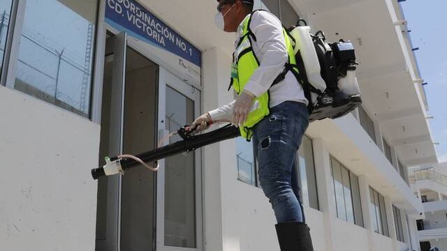 Usando motomochilas, los empleados realizan la aspersión del químico.