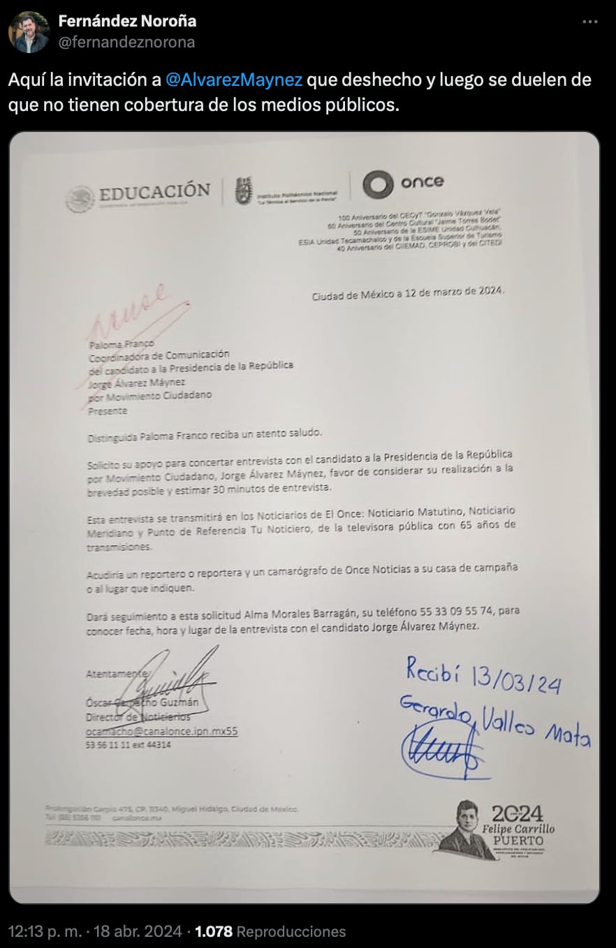 Gerardo Fernández Noroña difunde invitación de Canal Once para entrevista a Jorge Álvarez Máynez