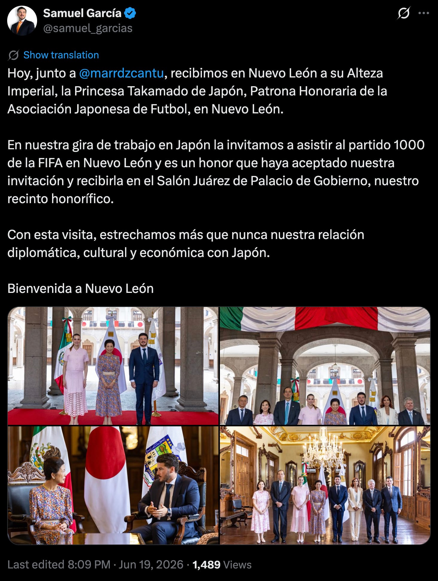 Samuel García recibe a la princesa Takamado de Japón para inaugurar Jardín Japonés
