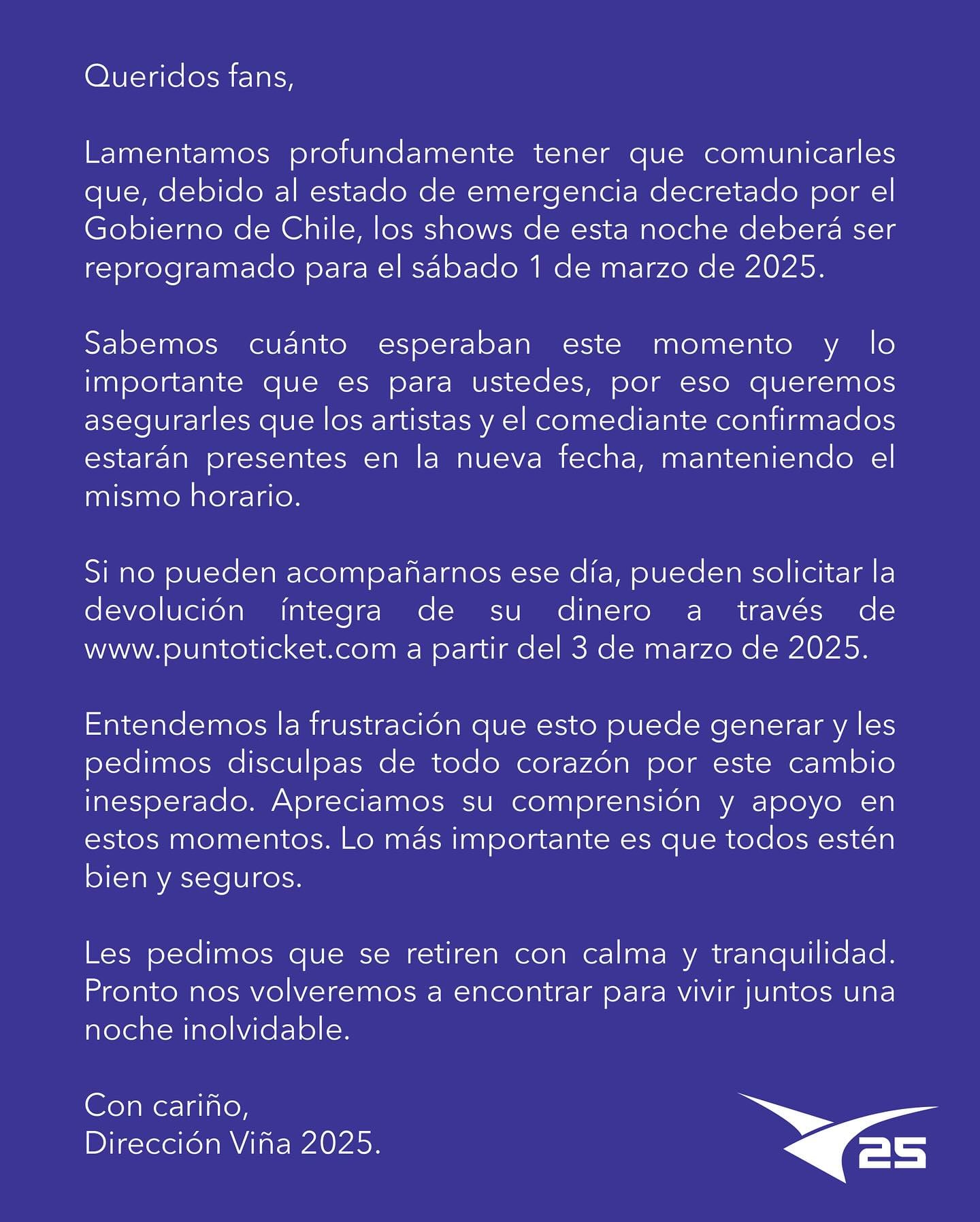 Festival Viña del Mar cancela eventos del 25 de febrero por apagón masivo en Chile