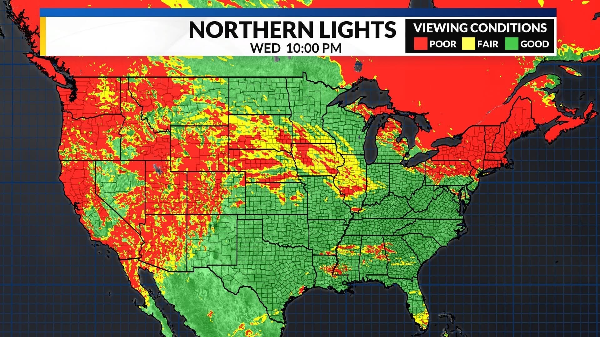 Mapa de auroras boreales en México, Estados Unidos y Canadá