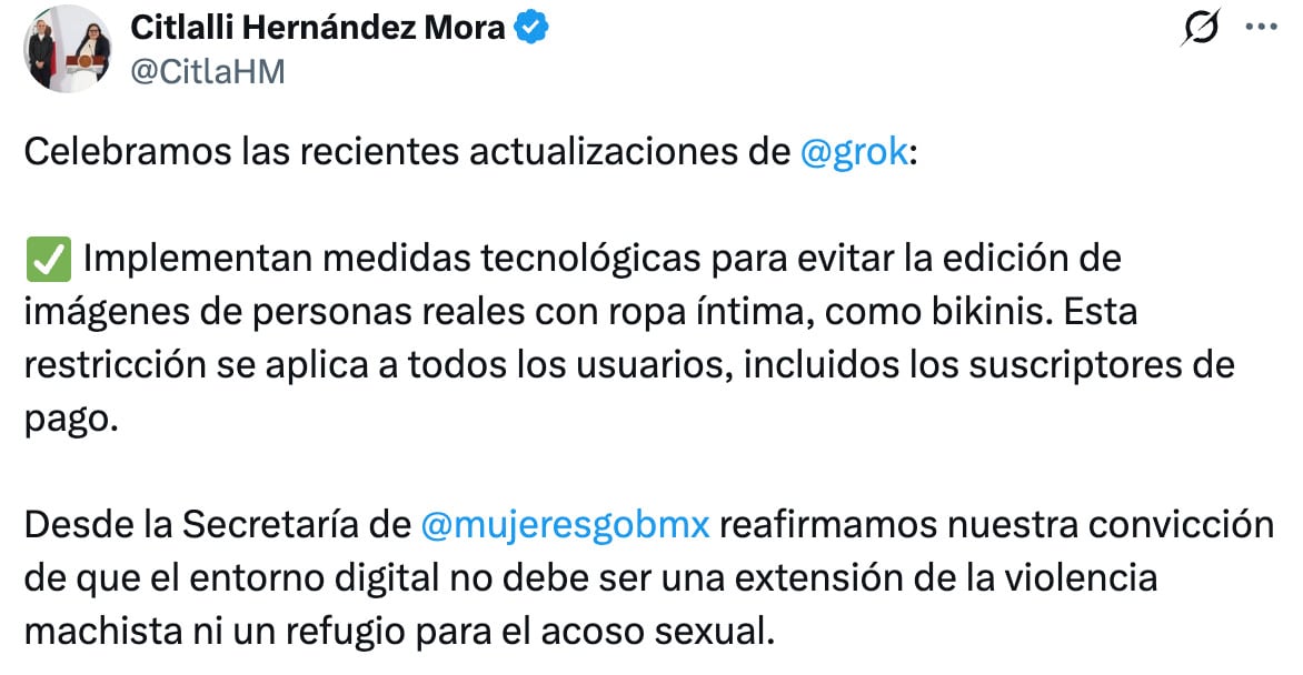 Citlali Hernández, Secretaria de Mujeres celebra la actualización de Grok