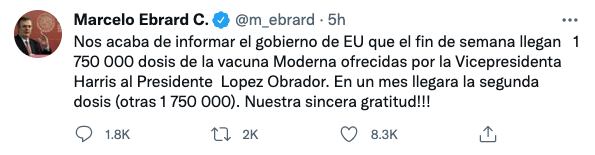 Tuit de Marcelo Ebrard sobre vacuna Moderna