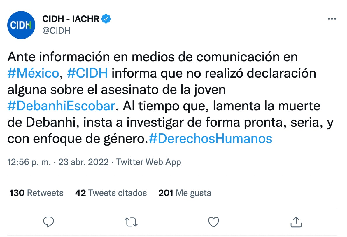 CIDH sobre declaraciones de Debanhi Escobar