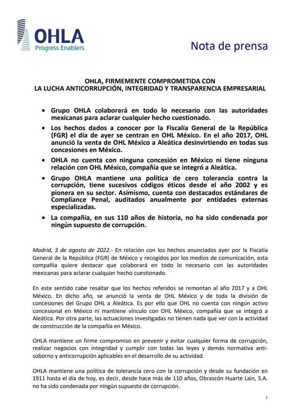 OHLA colaborará con FGR en investigación contra Enrique Peña Nieto; aclara que no tiene vínculos con OHL México