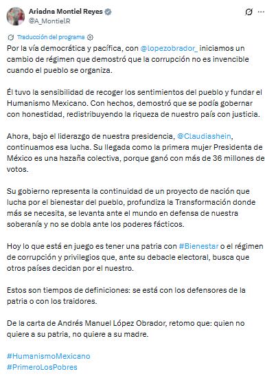 Ariadna Montiel llama a cerrar filas con AMLO y Sheinbaum ante l