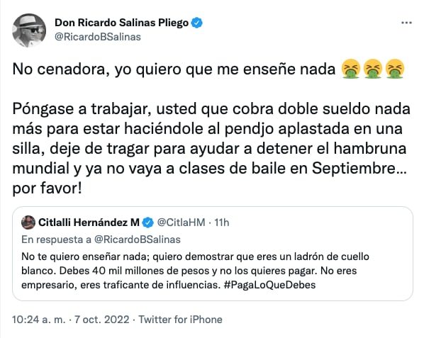Ricardo Salinas ofende a Citlalli Hernández por no querer recocer su deuda en Twitter