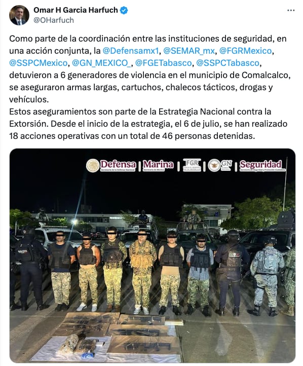 Omar García Harfuch presume golpe contra el narco en Comalcalco