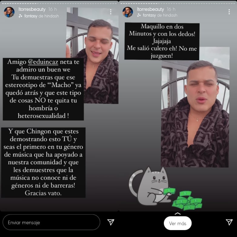 Luis Torres agradece a Eduin Cazares por dejarse maquillar.