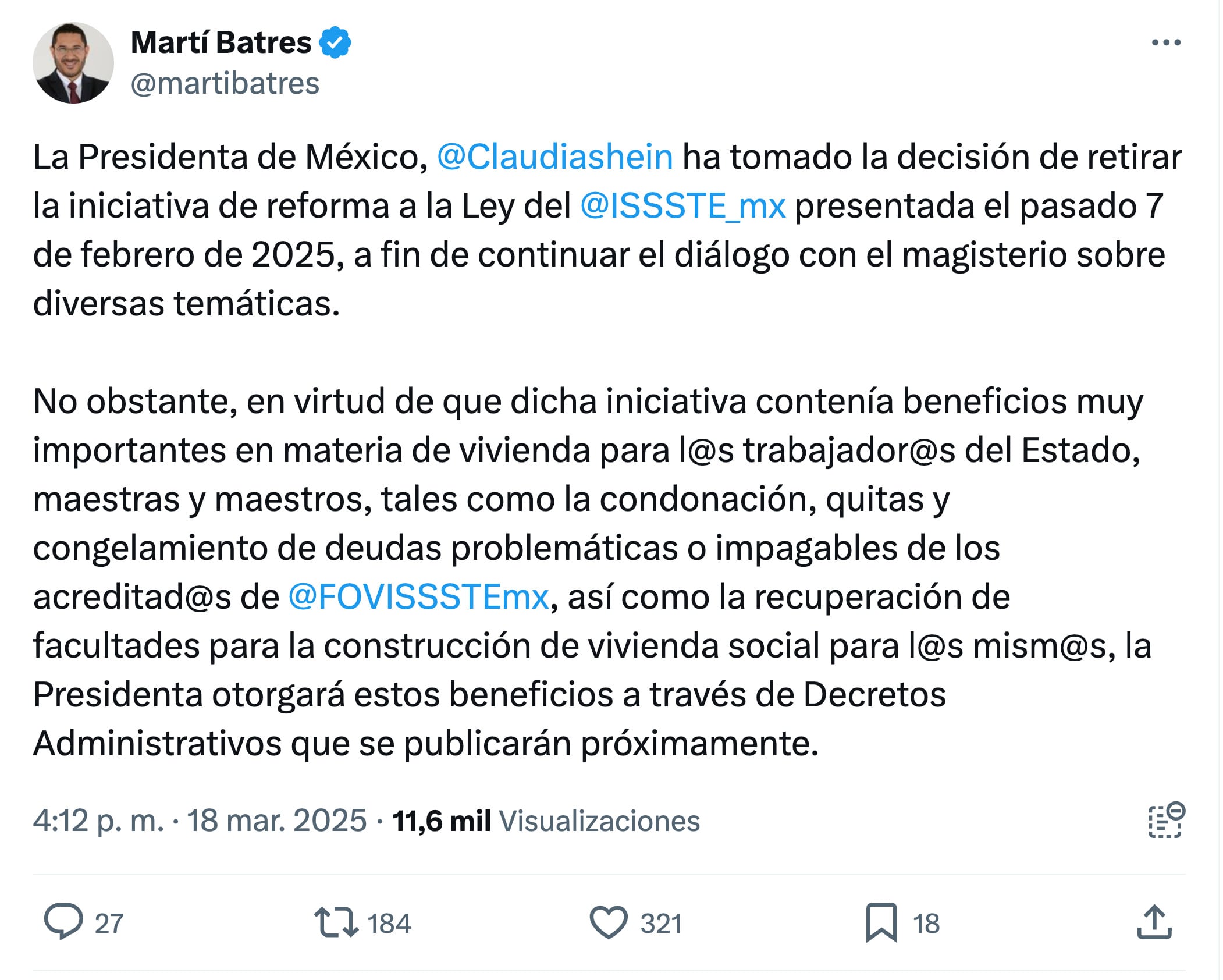 Martí Batres sobre retiro de reforma a la ley del ISSSTE