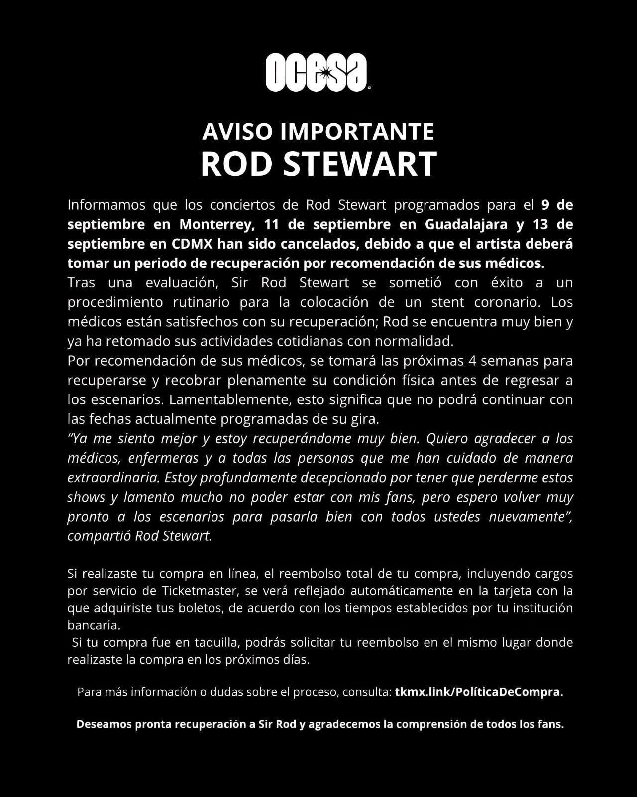 Rod Stewart cancela sus conciertos en México por salud; Ticketmaster anuncia reembolso