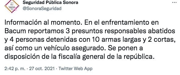 Tuit de la Secretaría de Seguridad Pública de Sonora