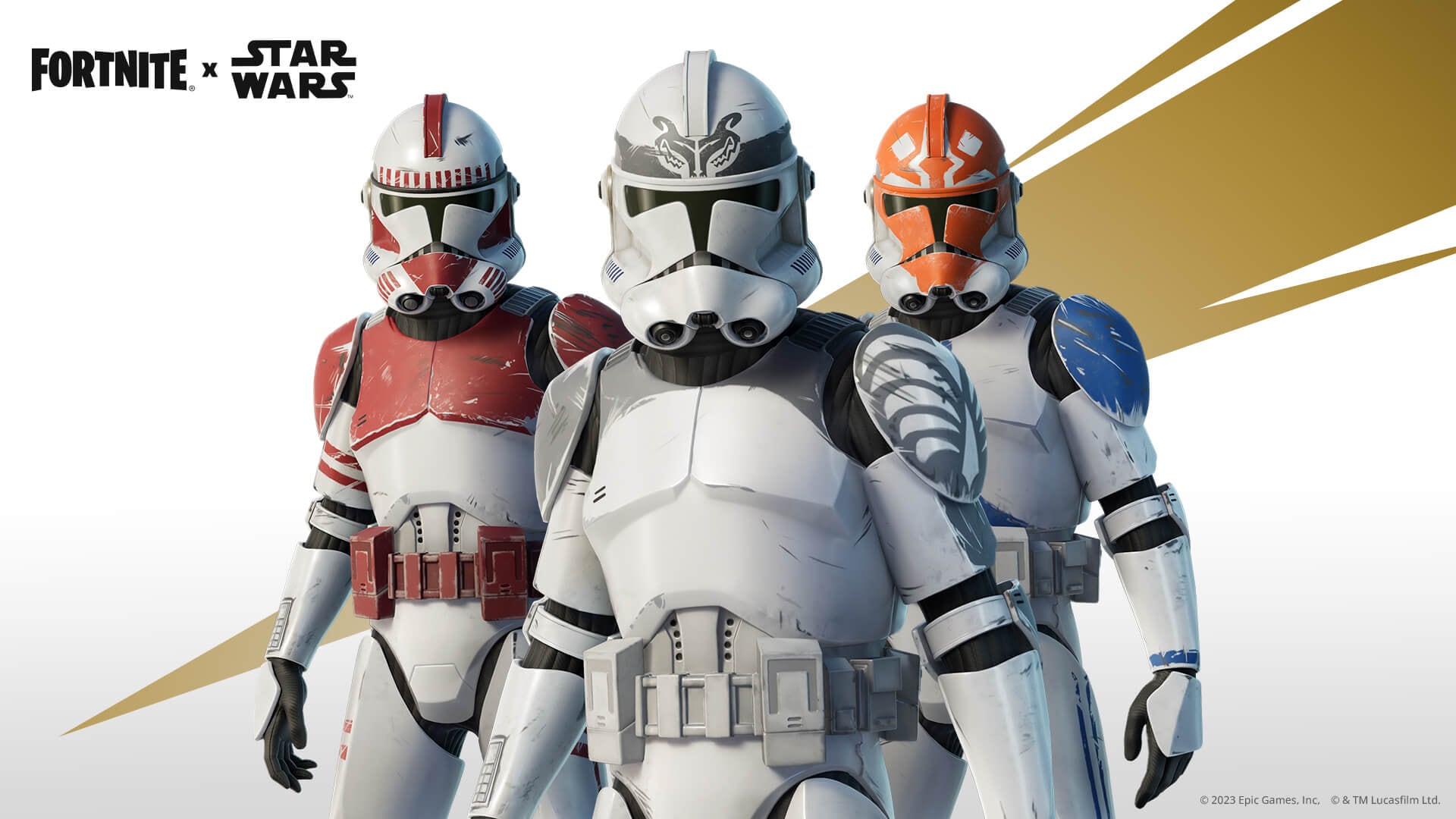 Guardia de Coruscant, Soldado de Wolfpack y Clon Trooper de Ahsoka en Fortnite x Star Wars