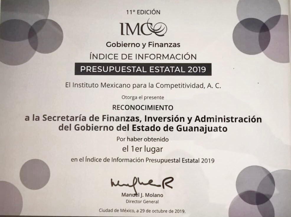 El Instituto Mexicano para la Competitividad reconoció los buenos manejos de las finanzas del estado de Guanajuato.